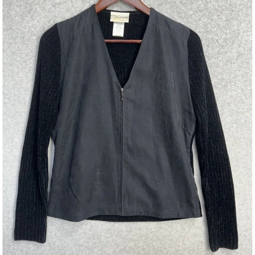 Women's M Sportfolio‎ Black Suede/Knit Long Sleeve Jacket by Marcia Sz L VTG 90s